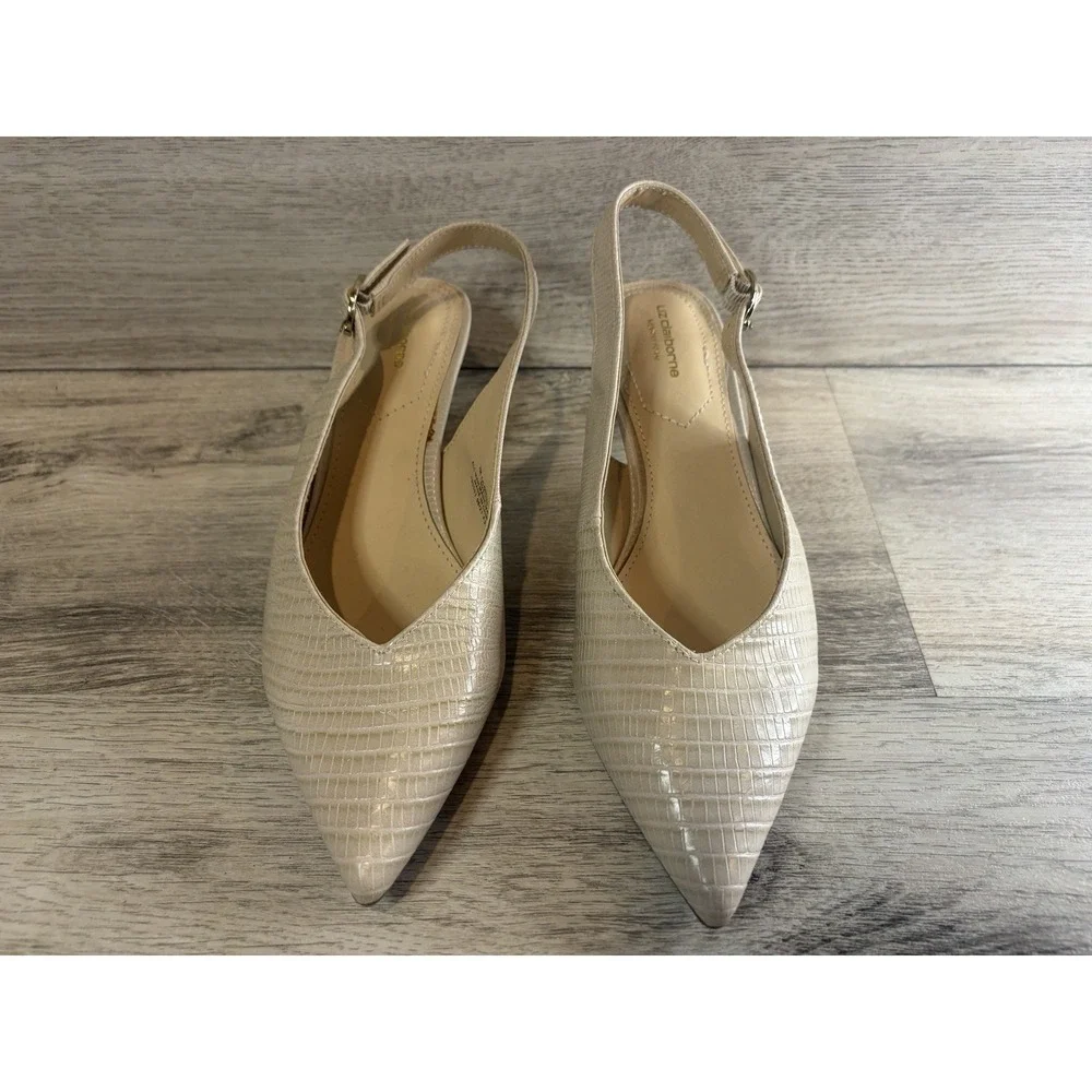 Liz‎ Claiborne Quebec Beige Pointed Toe Slingback Kitten Heel Pumps US 7 M